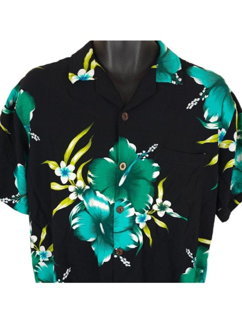 Aloha Fashion Hawaiian Shirt Mens Size Large Black Blue Green All Over Print